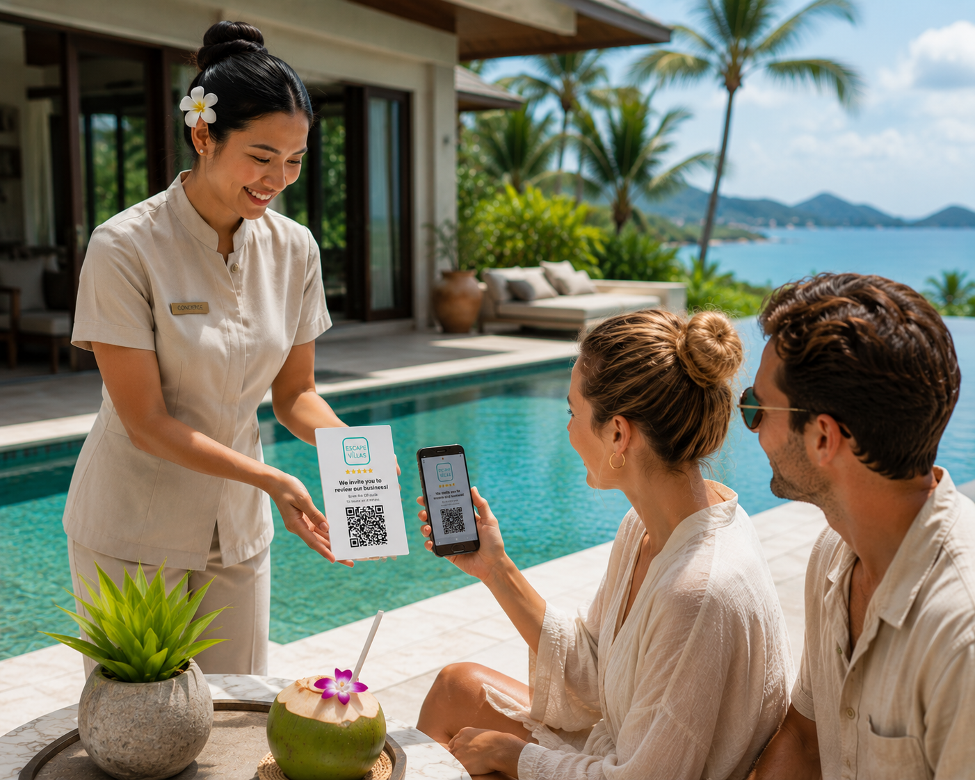 Go Review team member onboarding a hotel staff team at a poolside resort in Phuket.