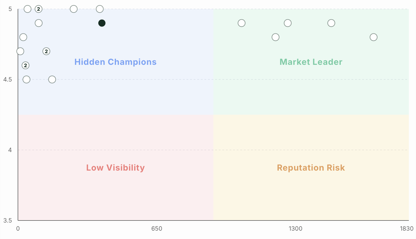 Competitor analysis quadrant — Hidden Champions, Market Leader, Low Visibility, Reputation Risk