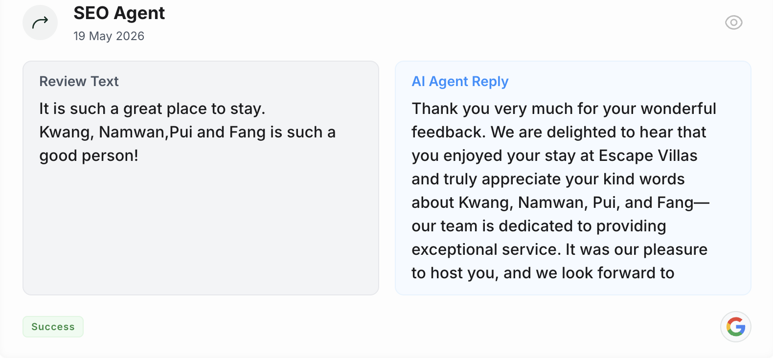 SEO Agent — review text and AI-drafted reply side by side