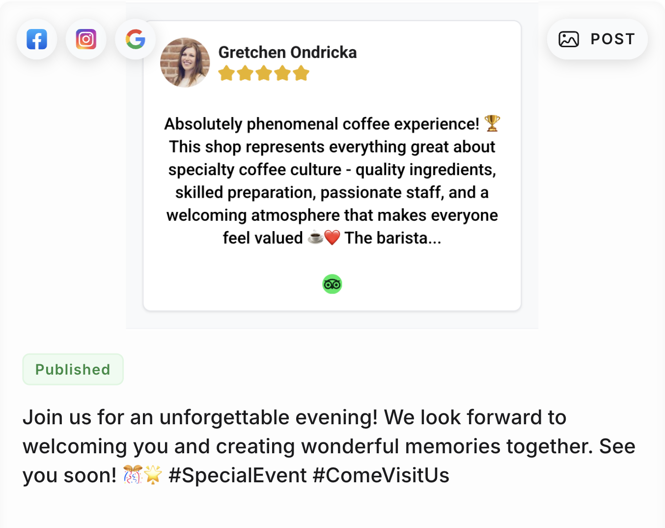 Social Agent — review quote turned into a published social post